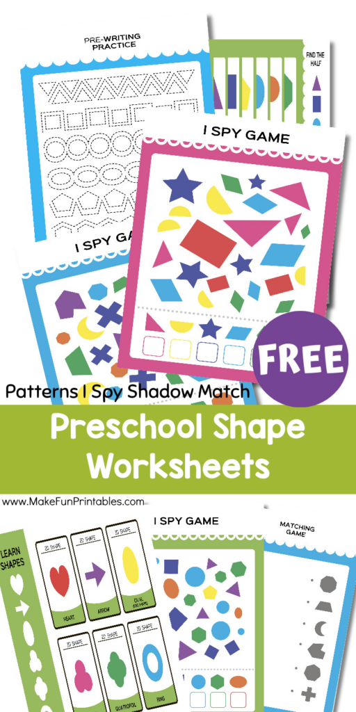 Preschool and kindergarten 2D shape activity pack collage featuring pre-writing tracing practice, shadow matching, pattern recognition, and shape counting worksheet pages