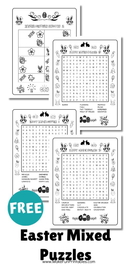 free printable Easter puzzles for kids with word search sudoku and cut and paste