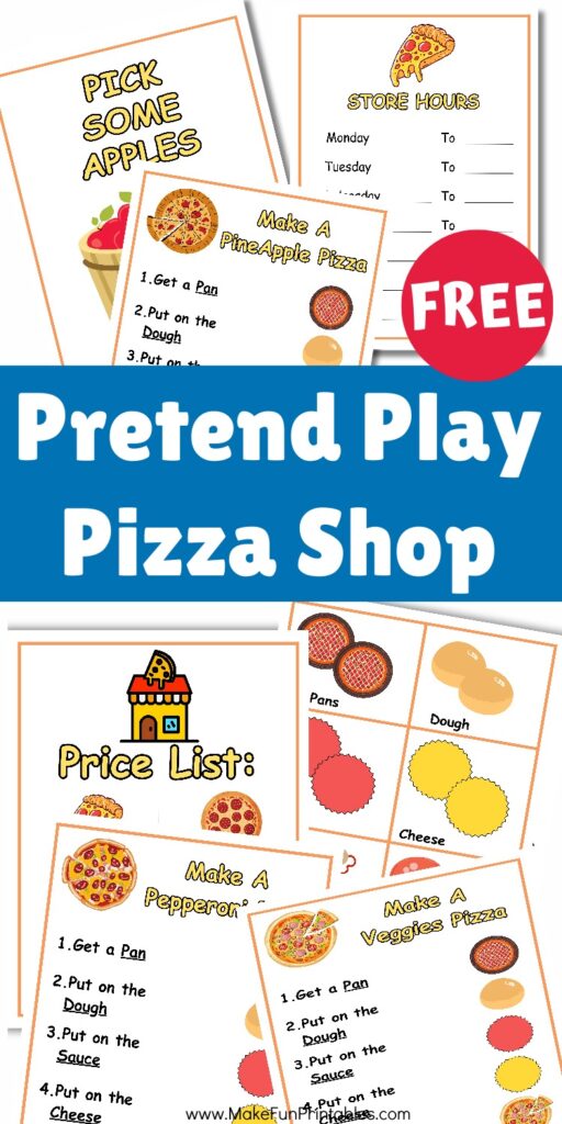 Preschool pretend pizza shop dramatic play center with menus orders and pizza making printables