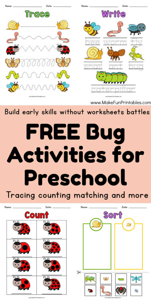 Preschool bug worksheet pages for cut and paste patterns maze and early learning practice