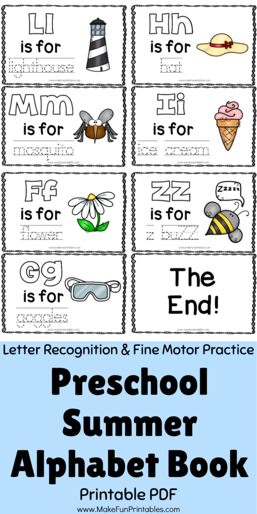 Free printable summer abc worksheets for preschool with tracing, beginning sounds, fine motor practice, and summer themed literacy activities.
