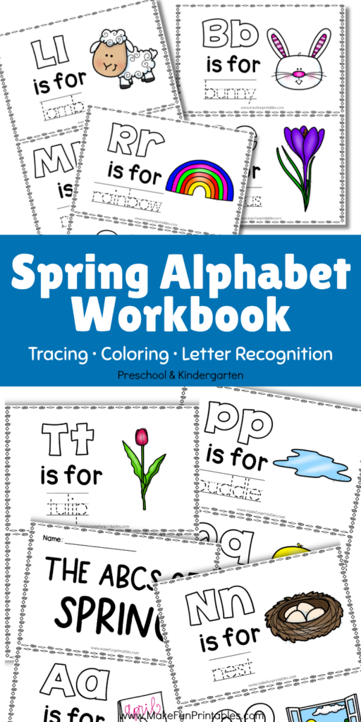 Preschool child tracing spring alphabet words with flowers, rainbows, bunnies, and seasonal vocabulary in printable handwriting worksheets.
