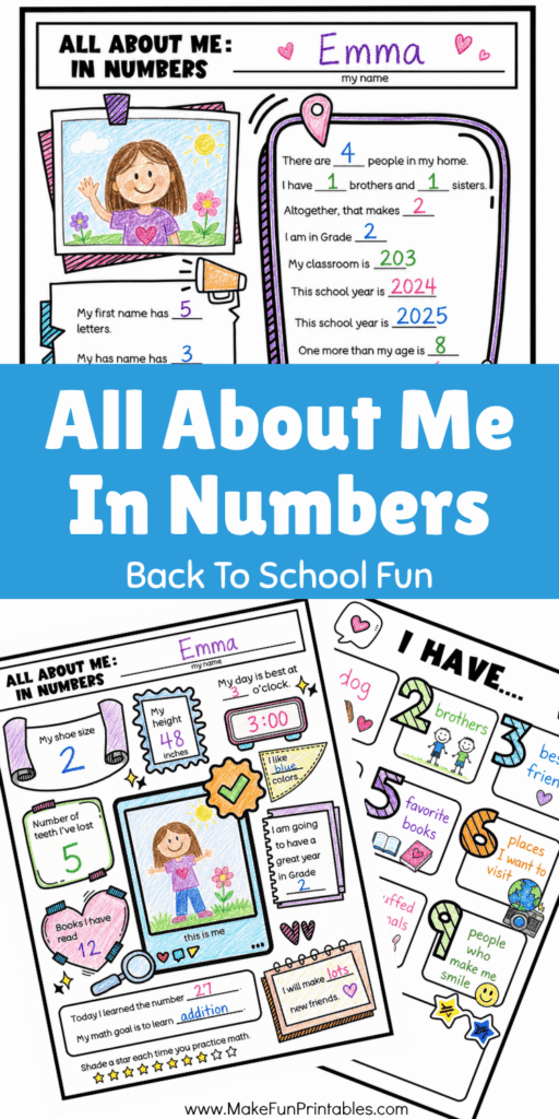 All About Me in Numbers back to school math worksheet with personal number facts, counting from 1 to 10, and math goal activities.