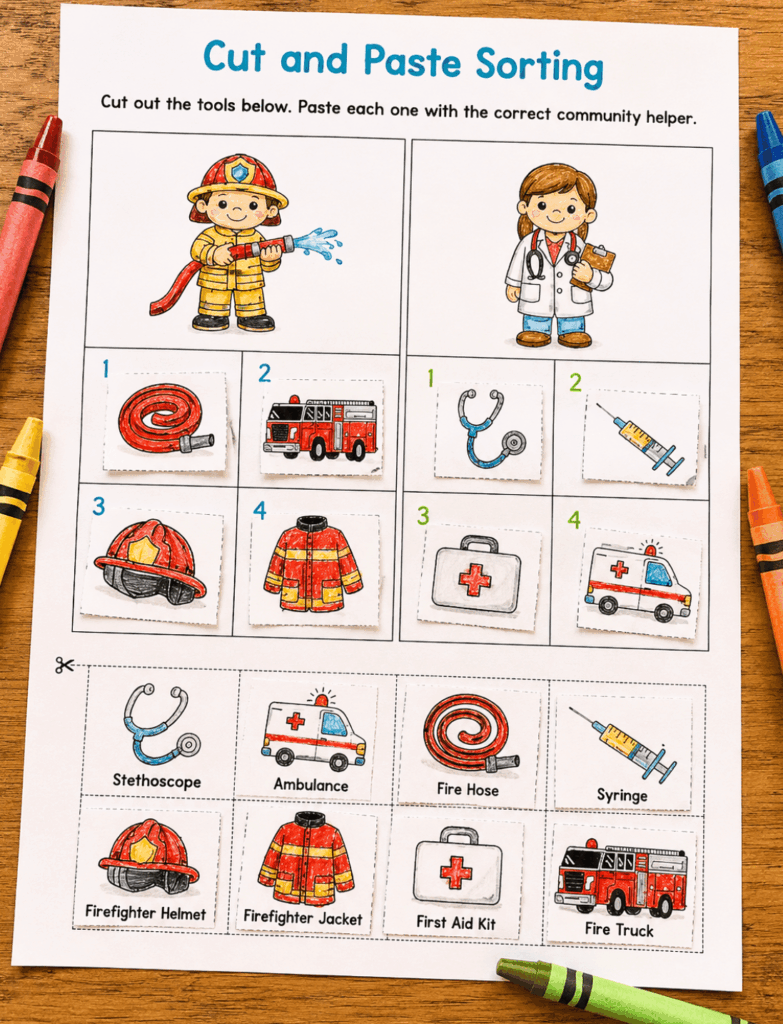 Community helper cut and paste sorting worksheet with firefighter and doctor tools