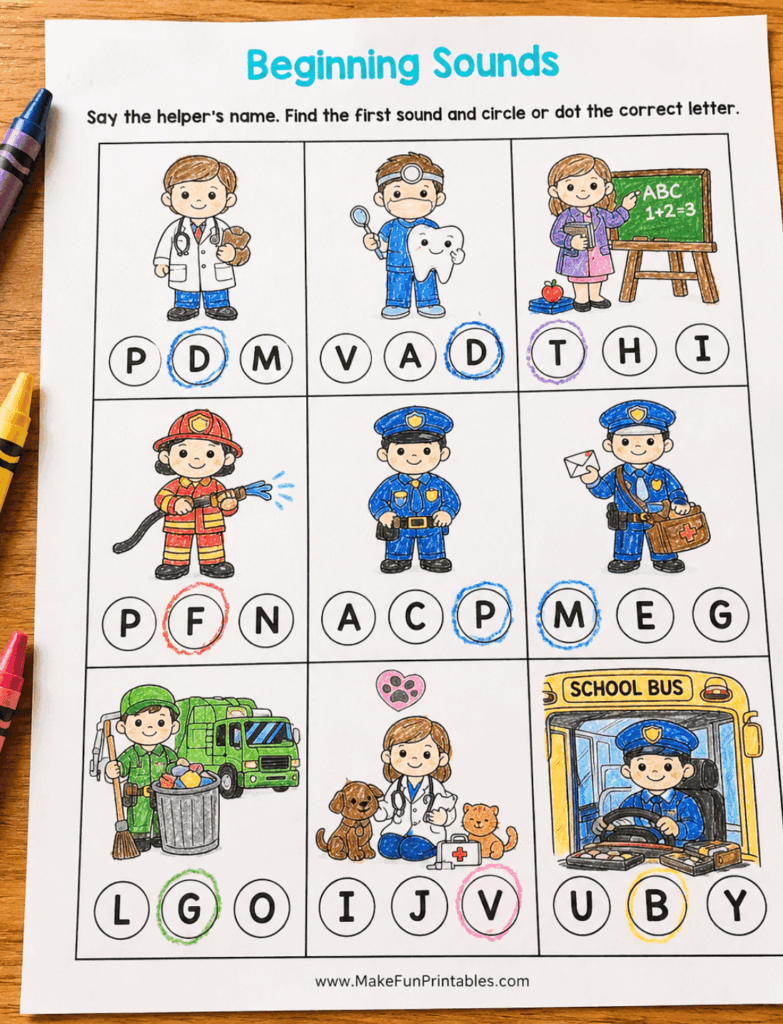 Community helpers beginning sounds worksheet for preschool letter recognition and phonics practice