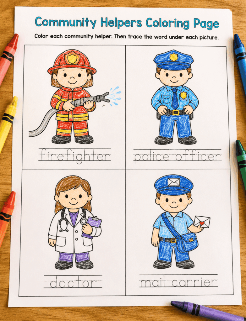 Community helpers coloring and word tracing worksheet with firefighter, police officer, doctor, and mail carrier