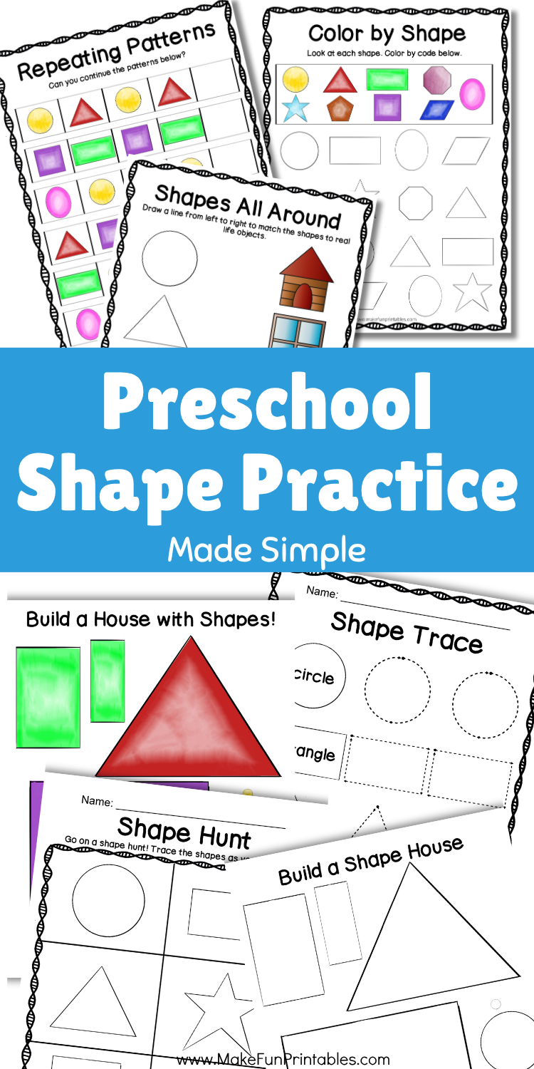 Free printable 2D shape recognition activities for preschool with tracing, matching, coloring, patterns and a build a shape house activity.