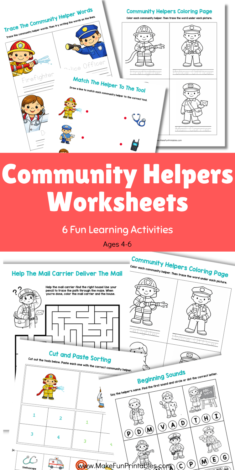Free printable community helpers worksheets for preschool with tracing, matching, phonics, coloring, and cut and paste activities