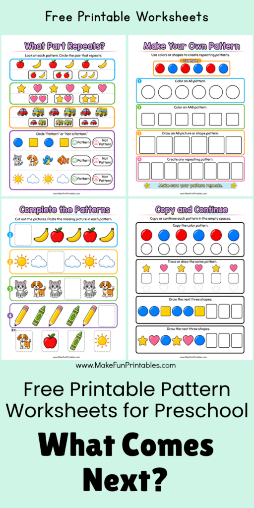 Preschool Pattern Worksheets - What Comes Next? - Make Fun Printables