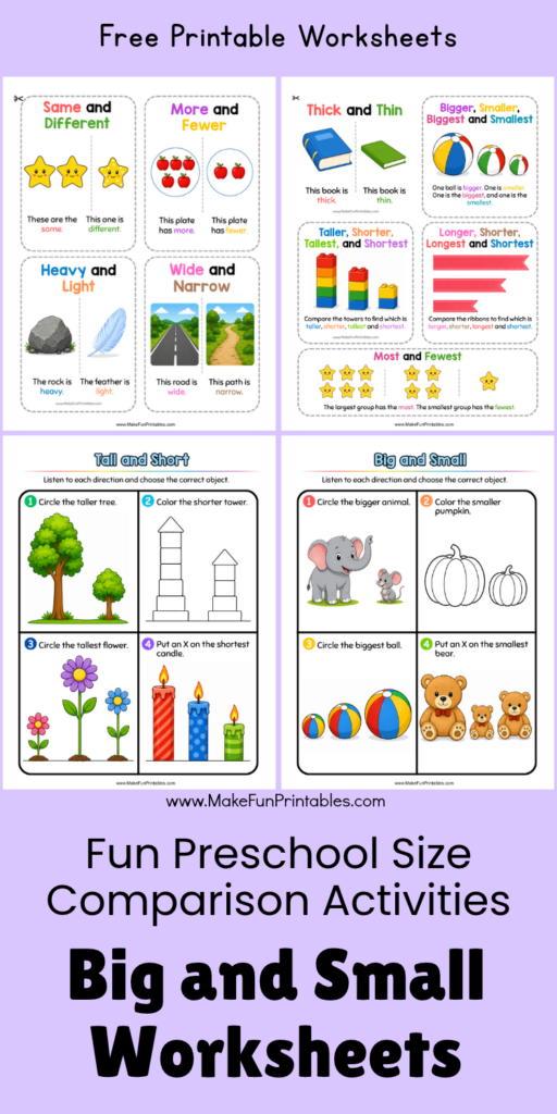 Preschool comparison worksheets featuring picture activities for learning size, height, length, full and empty, same and different, and more or fewer.