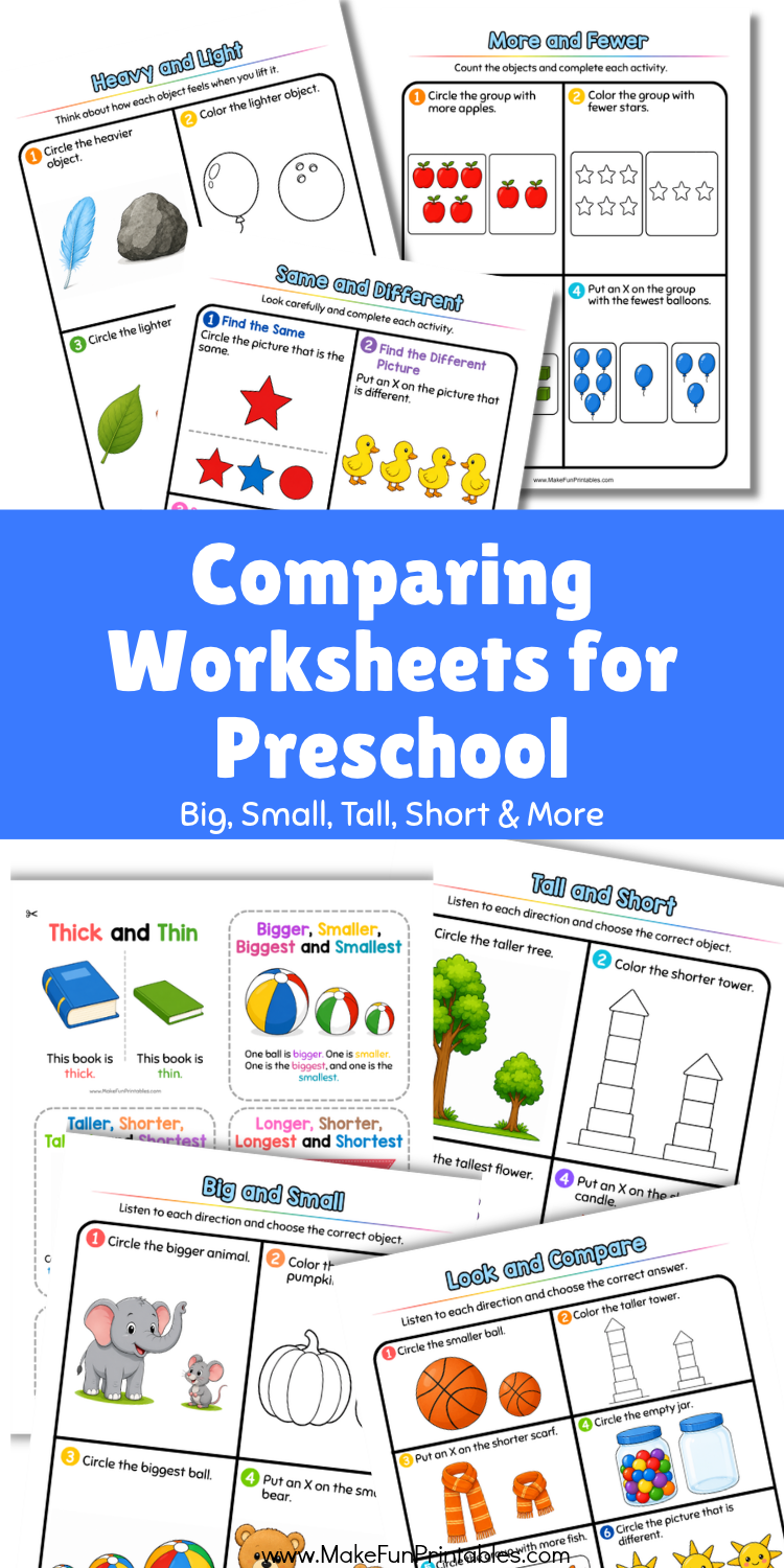 Free comparing and describing worksheets for preschool to practice big and small, tall and short, long and short, and other early math concepts.
