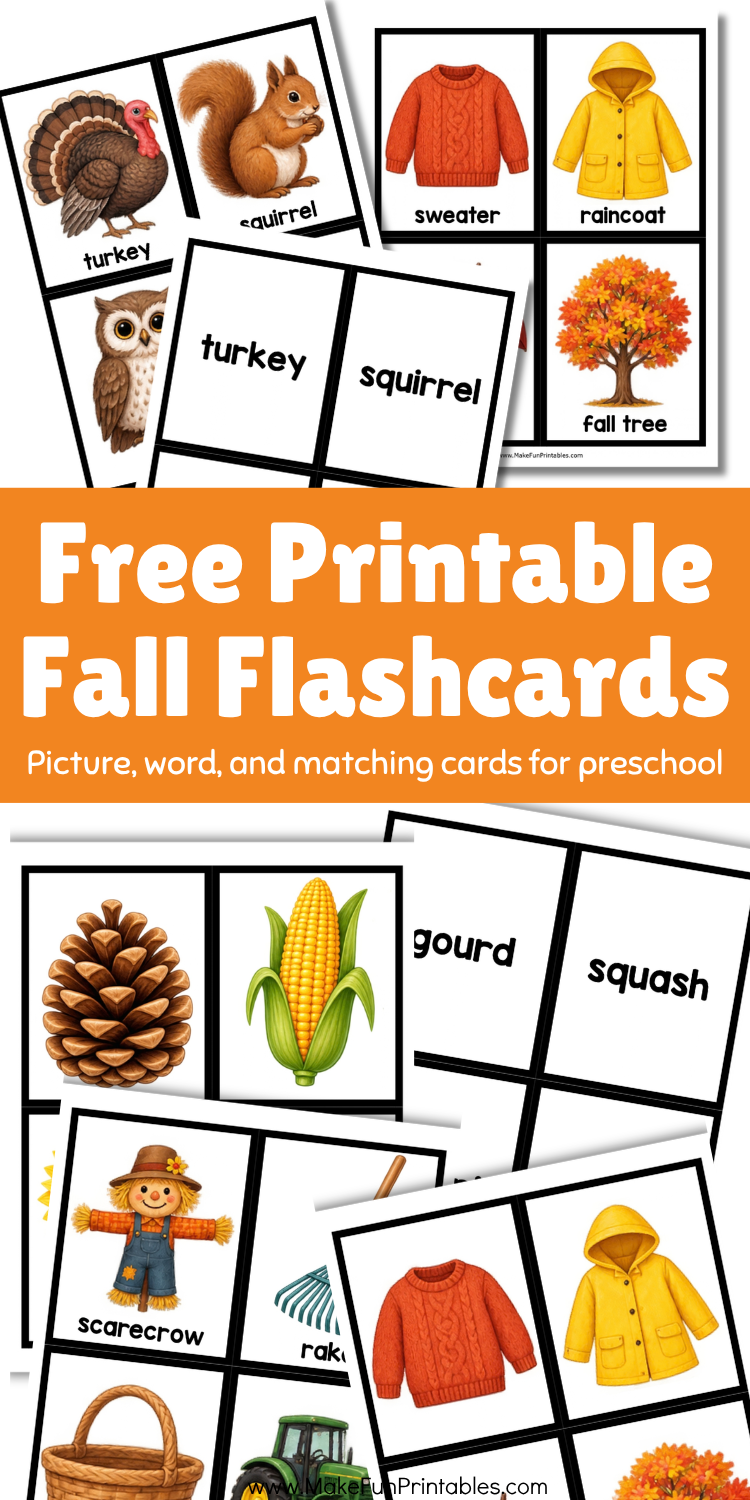 Collage of printable fall vocabulary flashcards featuring colorful autumn pictures, matching word cards, pumpkins, leaves, acorns, and woodland animals.