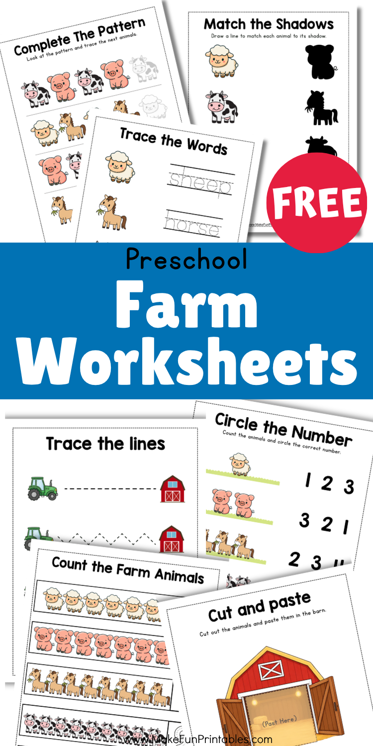 Free printable farm worksheets for preschool featuring farm animal counting, number tracing, and pencil control activities.