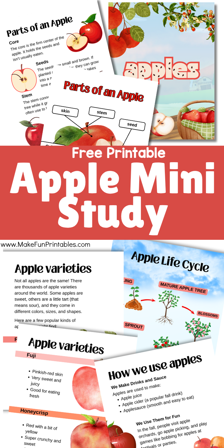 Printable apple science unit for young learners covering how apples grow, parts of an apple and apple tree, pollination, varieties, and a review quiz.