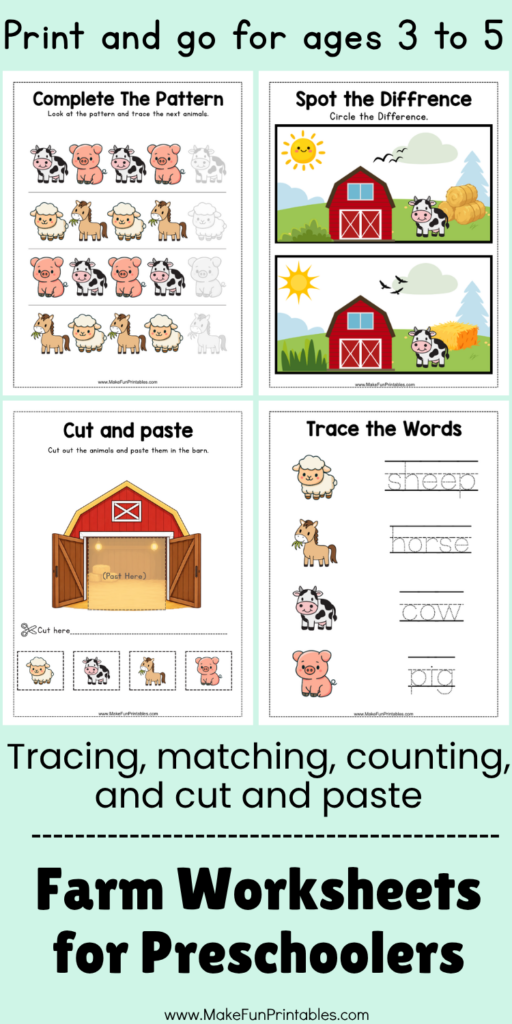 Preschool farm animal worksheets with shadow matching, repeating patterns, cut and paste activities, and a farm maze.