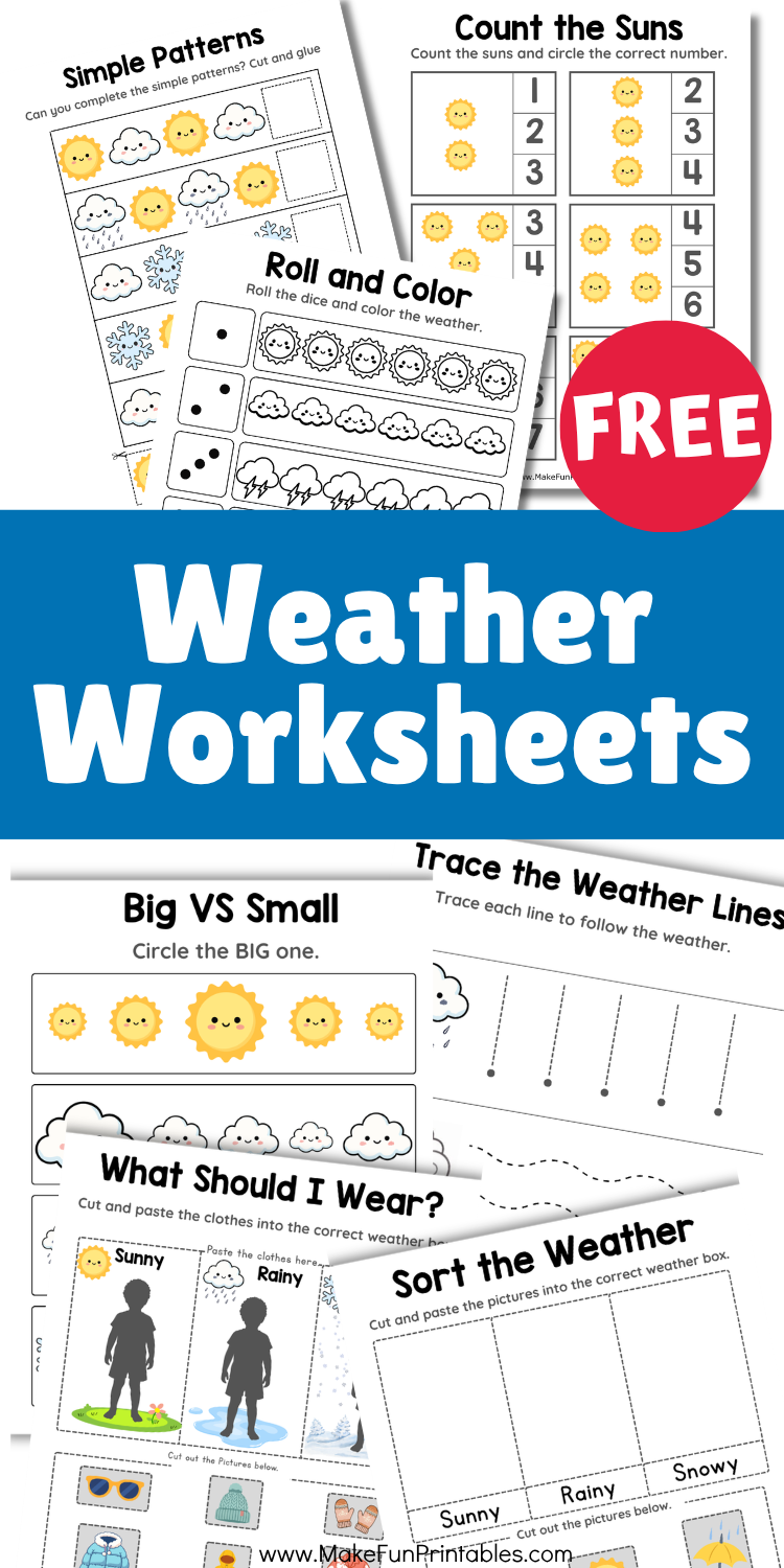 Free printable weather worksheets for preschool with matching, counting, tracing, sorting, and coloring activities