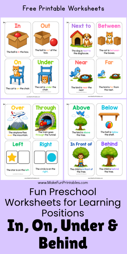 Preschool positional words worksheets featuring circling, coloring, cut and paste, and drawing activities to practice understanding positions and following directions.