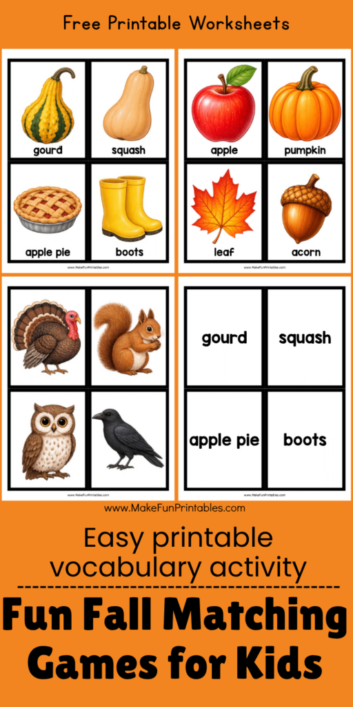 Fall vocabulary flashcards and matching games for preschool and kindergarten, showing illustrated picture cards, word cards, and autumn-themed learning activities.