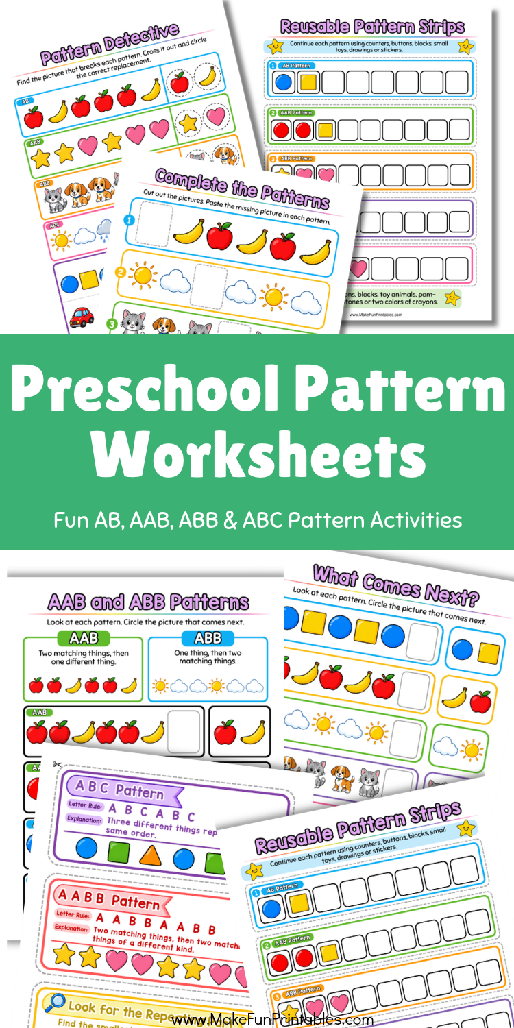 Free preschool pattern worksheets to practice recognizing, continuing, and completing repeating patterns with colorful pictures, shapes, and fun activities.