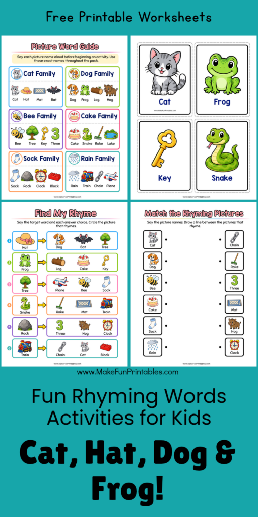 Preschool rhyming activities with 24 printable picture cards, reusable matching mats, rhyming games and worksheets for recognizing words that rhyme.