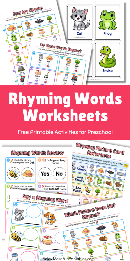 Free rhyming words worksheets for preschool featuring picture matching, cut and paste activities, rhyming riddles and word family sorting.