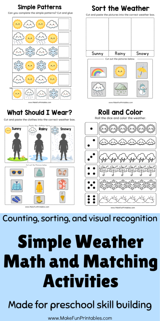 Preschool weather activities including cut and paste sorting, simple patterns, counting, tracing, and an easy maze