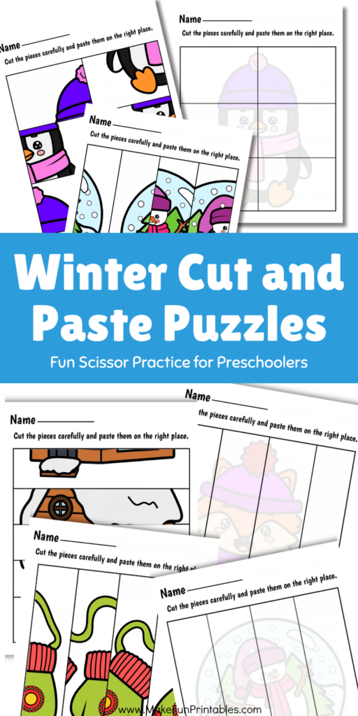 Collage of winter cut and paste puzzles for preschool featuring a penguin, mittens, snow globe and other winter pictures for scissor skills practice.
