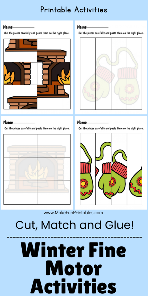 Printable winter fine motor puzzles for preschool and kindergarten with colorful picture pieces children cut, match and glue onto matching puzzle mats.